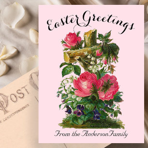 Rosa Blumenkreuz Vintag Ostern Religiös Postkarte