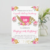 Rosa Blumenkuchen Backend Herausforderung Geburtst Einladung (Stehend Vorderseite)