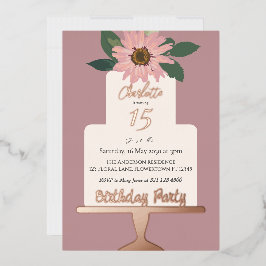 Rosa Blumenkuchen Geburtstagsparty Rose Gold Folieneinladung
