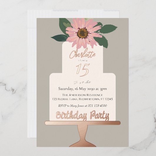 Rosa Blumenkuchen Geburtstagsparty Rose Gold Folieneinladung (Briefumschlag)