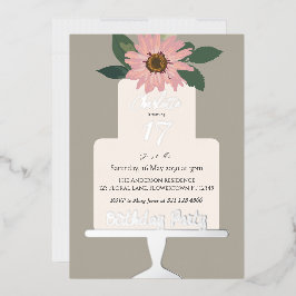 Rosa Blumenkuchen Geburtstagsparty Silber Folieneinladung