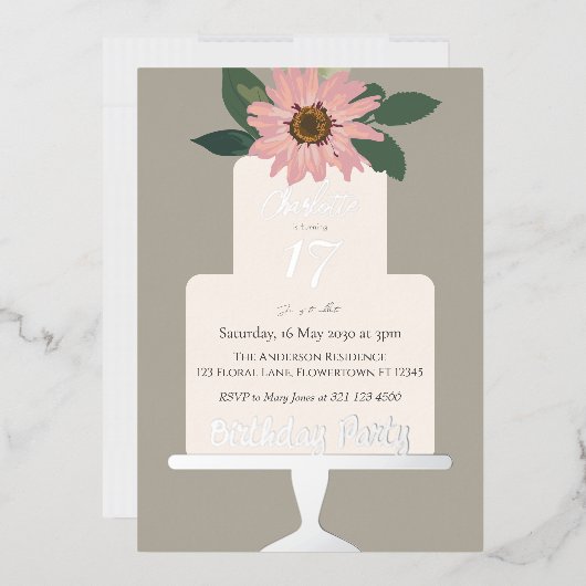 Rosa Blumenkuchen Geburtstagsparty Silber Folieneinladung (Briefumschlag)