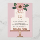 Rosa Blumenkuchen Geburtstagsparty Silber Folieneinladung (Vorderseite)