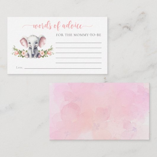 Rosa Blumenlephant Babydusche - Ratschläge Begleitkarte (Vorne/Hinten)