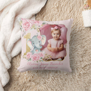 Rosa Blumenlephe 1. Geburtstag Foto Keepake Kissen