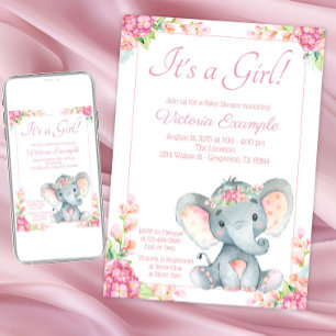 Rosa Blumenmädchen-Elefanten-Baby-Shower-Einladung Einladung