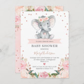 Rosa Blumenmädchen Elephant Babydusche Einladung (Vorne/Hinten)