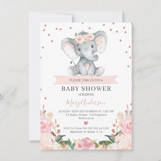 Rosa Blumenmädchen Elephant Babydusche Einladung (Vorderseite)