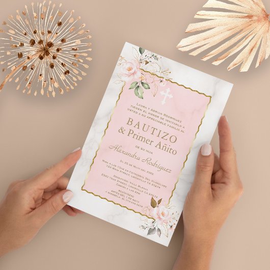 Rosa Blumenmarmor Spanischer 1. Geburtstag Taufe Einladung