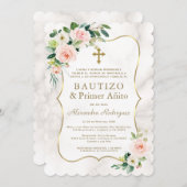 Rosa Blumenmarmor Spanischer 1. Geburtstag Taufe Einladung (Vorne/Hinten)