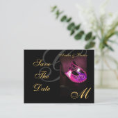 Rosa Blumenmasquerge Save the Date Postkarte (Stehend Vorderseite)