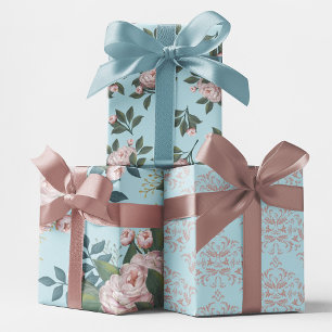 Rosa Blumenmuster Elegante Blaue Damaskus Geschenkpapier Set