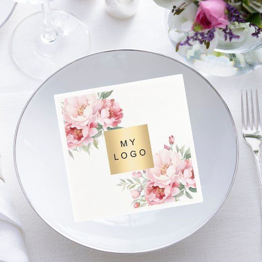 Rosa Blumenmuster Firmenlogo weiß Serviette