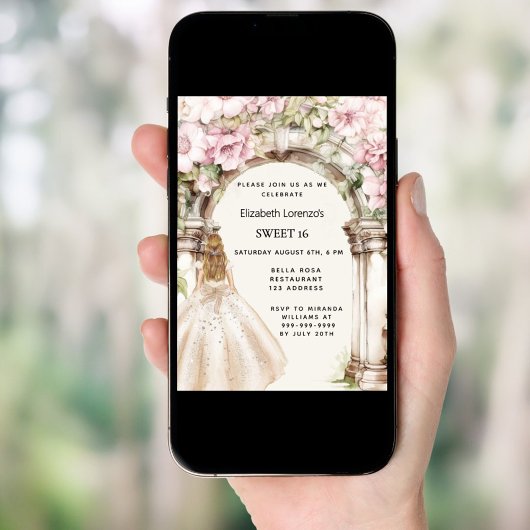 Rosa Blumenmuster Gewand weißes Kleid Sweet 16 Einladung