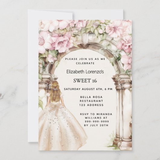 Rosa Blumenmuster Gewand weißes Kleid Sweet 16 Einladung (Vorderseite)
