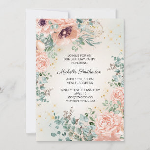 Rosa Blumenmuster Gold Glitter 80. Geburtstag Einladung