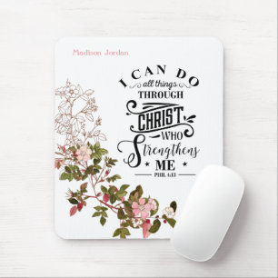 Rosa Blumenmuster Ich kann alles durch Christus tu Mousepad