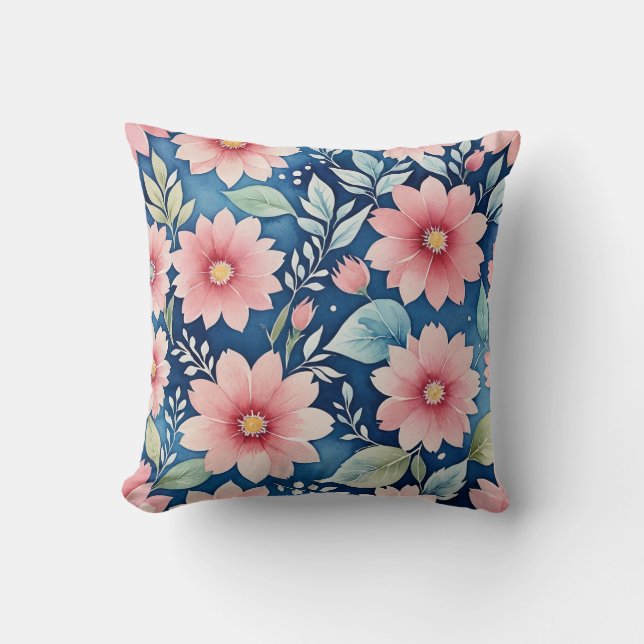 Rosa Blumenmuster in Blau Kissen (Vorderseite)