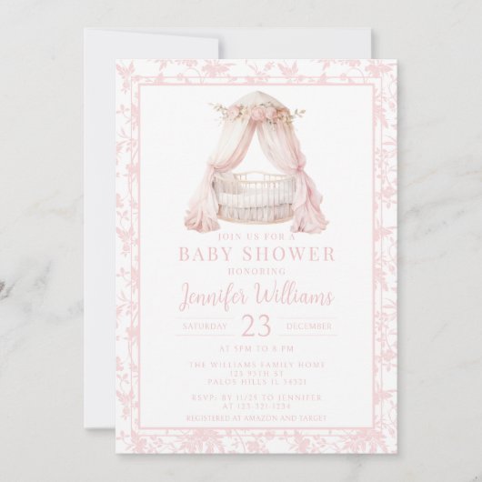 Rosa Blumenmuster mit Babydusche Einladung (Vorderseite)