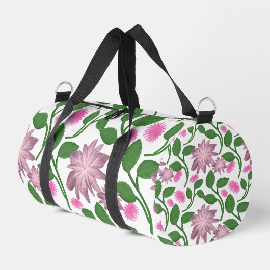 Rosa Blumenmuster mit grünen Blättern Duffle Bag (Linke Seite)