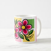 Rosa Blumenmuster mit grünen Blättern Kaffeetasse (VorderseiteRechts)