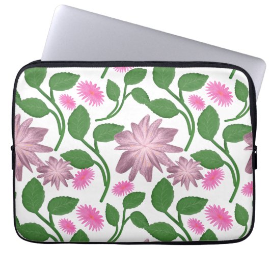 Rosa Blumenmuster mit grünen Blättern Laptopschutzhülle (Vorderseite)