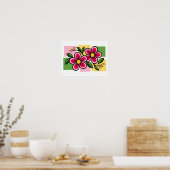Rosa Blumenmuster mit grünen Blättern Poster (Küche)