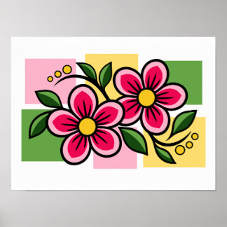 Rosa Blumenmuster mit grünen Blättern Poster