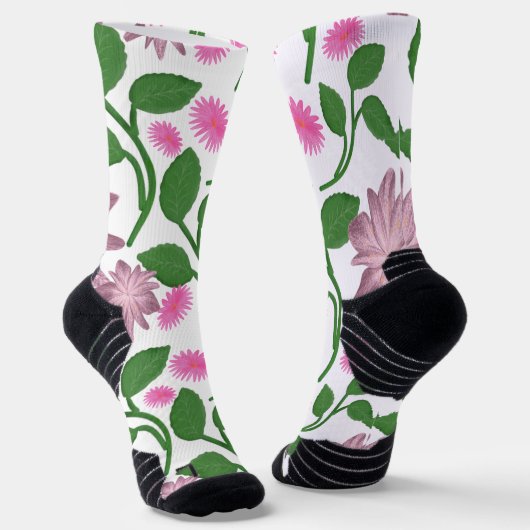 Rosa Blumenmuster mit grünen Blättern Socken (Gewinkelt)