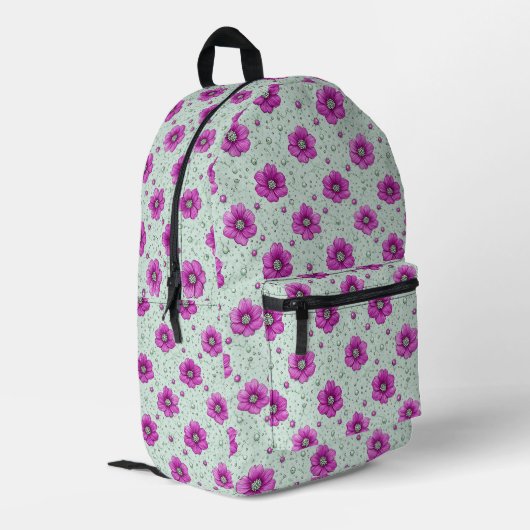 Rosa Blumenmuster mit Tröpfchen Bedruckter Rucksack (Rückseitige Ecke links)
