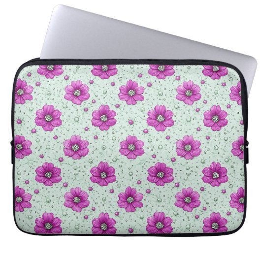 Rosa Blumenmuster mit Tröpfchen Laptopschutzhülle (Vorderseite)