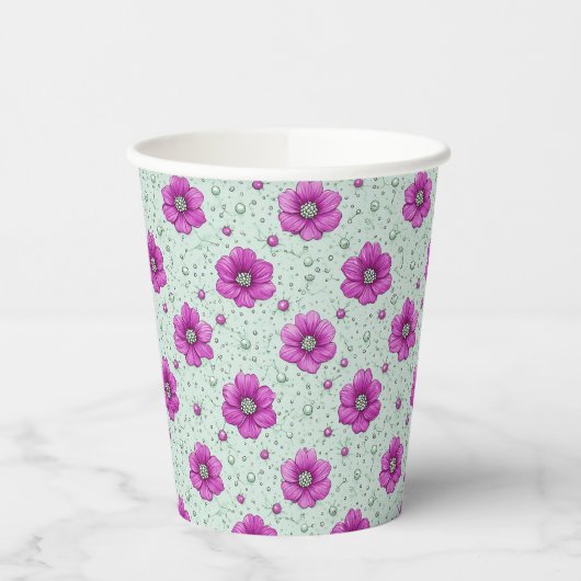 Rosa Blumenmuster mit Tröpfchen Pappbecher (Links)