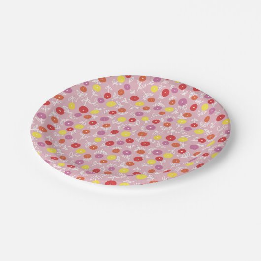 Rosa Blumenmuster Pappteller (Schrägansicht)