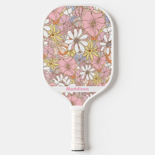 Rosa Blumenmuster Personalisierter Name Cute Pickleball Schläger (Vorderseite)