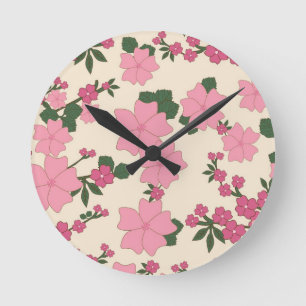 Rosa Blumenmuster Runde Wanduhr