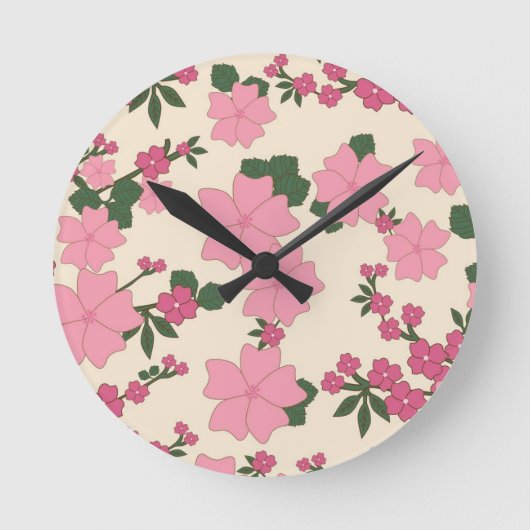 Rosa Blumenmuster Runde Wanduhr (Vorderseite)