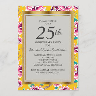 Rosa Blumenmuster Senfgelb 25. Hochzeitstagparty Einladung