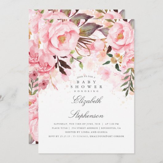 Rosa Blumenmuster und moderne Babydusche Einladung (Vorne/Hinten)