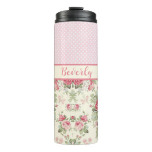 Rosa Blumenmuster und rosa-weiße Tupfen Thermosbecher