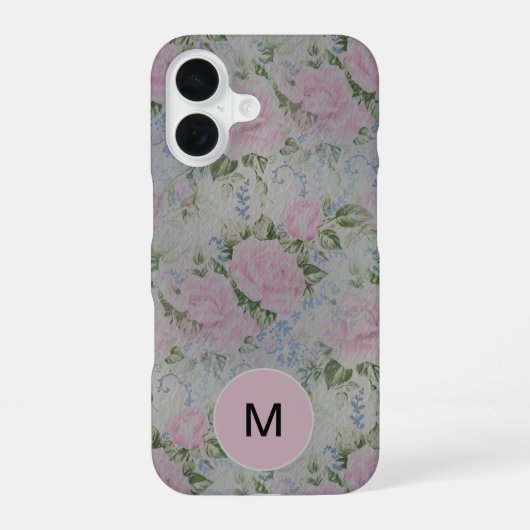 Rosa Blumenmuster Vintage Monogramm iPhone 16 Hülle (Rückseite)