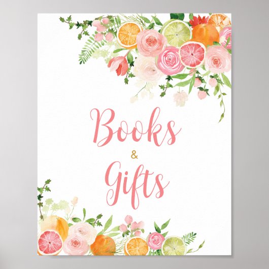 Rosa Blumenorange Zitrusfrüchte Bücher und Geschen Poster (Vorne)