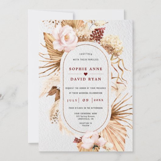 Rosa Blumenpampas Graspalme Blätter in einem Einladung (Vorderseite)