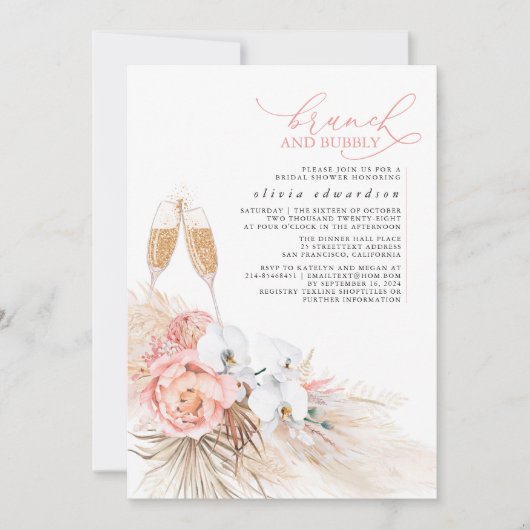 Rosa Blumenpampen Grass Brunch und Bubbly Einladung (Vorderseite)