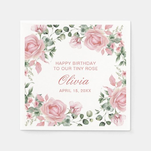 Rosa Blumenplatte Rose 1. Geburtstag Party Tafel Serviette (Vorderseite)