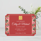Rosa Blumenpony Rot Moderne chinesische Hochzeit Save The Date (Stehend Vorderseite)