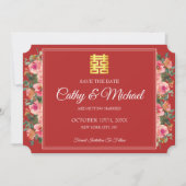 Rosa Blumenpony Rot Moderne chinesische Hochzeit Save The Date (Vorderseite)