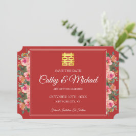 Rosa Blumenpony Rot Moderne chinesische Hochzeit Save The Date