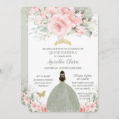 Rosa Blumenprinzessin Sage Green Quinceañera Einladung (Vorne/Hinten)