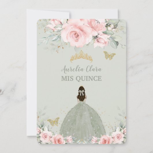 Rosa Blumenprinzessin Sage Green Quinceañera Einladung (Rückseite)
