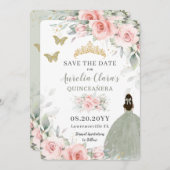 Rosa Blumenprinzessin Sage Green Quinceañera Save The Date (Vorne/Hinten)
